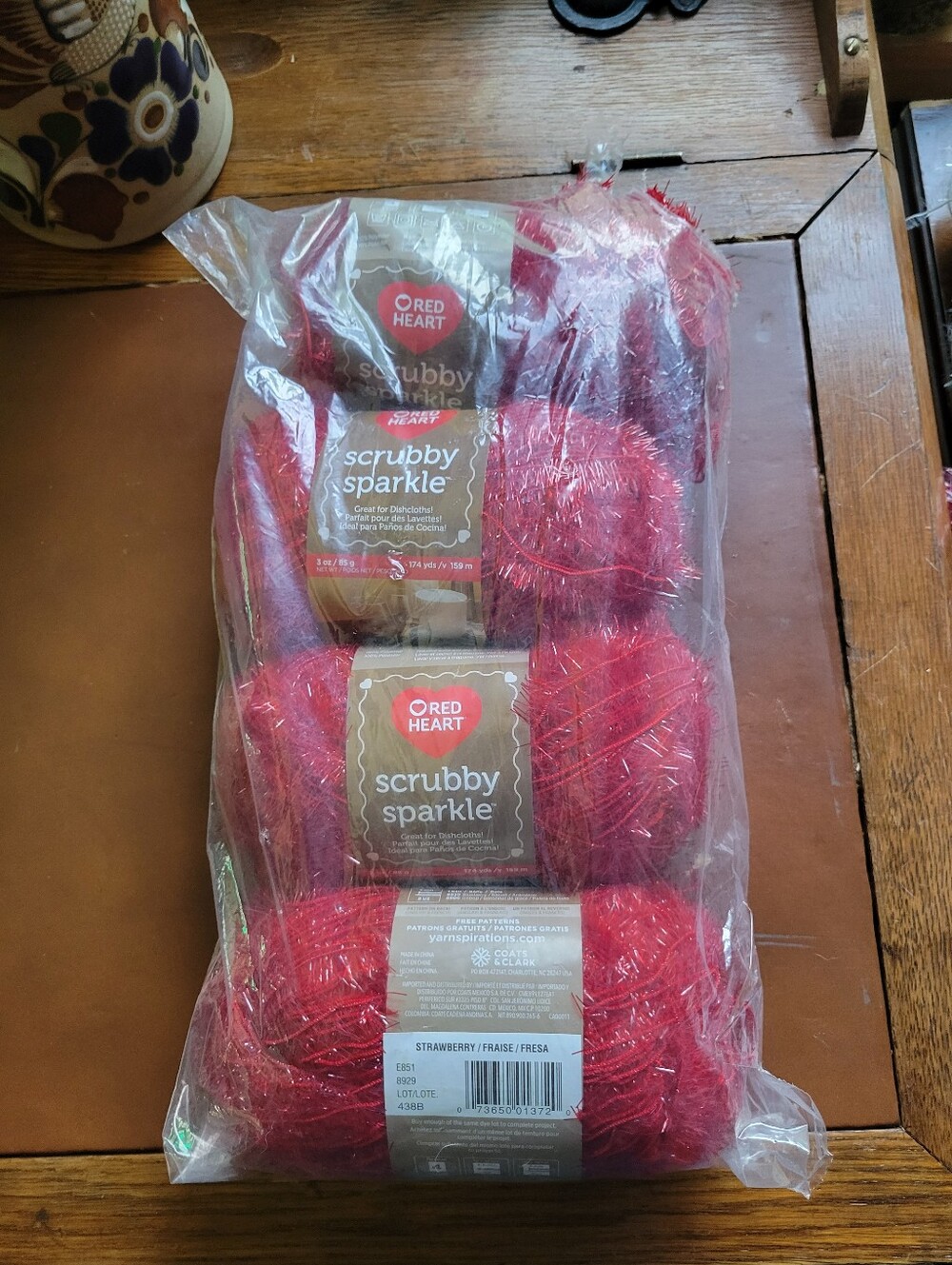 4 Red heart scrubby sparkle yarn - Strawberry -dishcloth scrub yarn